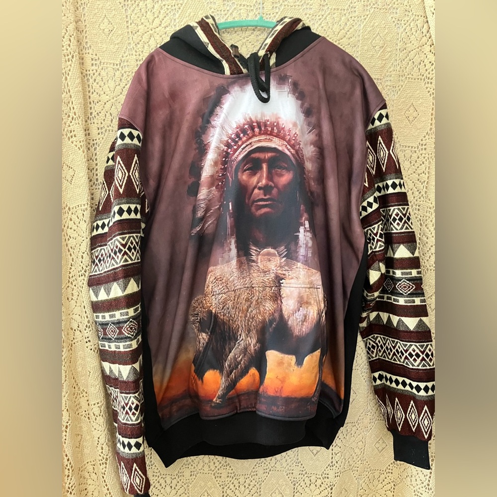 NWOT XXL Native American Indian chief & buffalo sweatshirt hoodie unisex